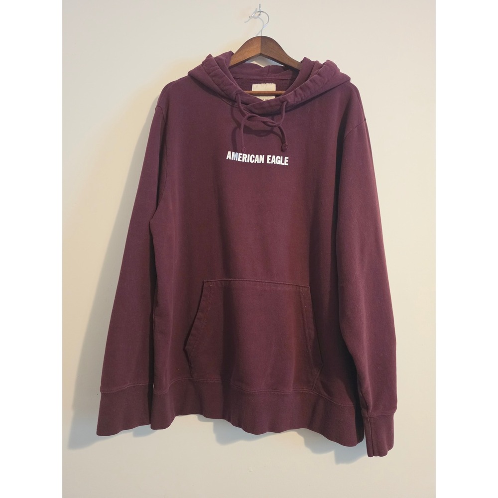 American Eagle Hoodie Mens XXL Burgundy Cotton Pullover Logo Hole Classic Trendy